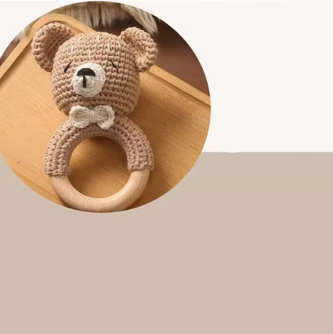 Bebé ganchillo animal oso sonajero juguete consolador pulsera de madera suministros para bebés juguetes de madera regalo para recién nacidos