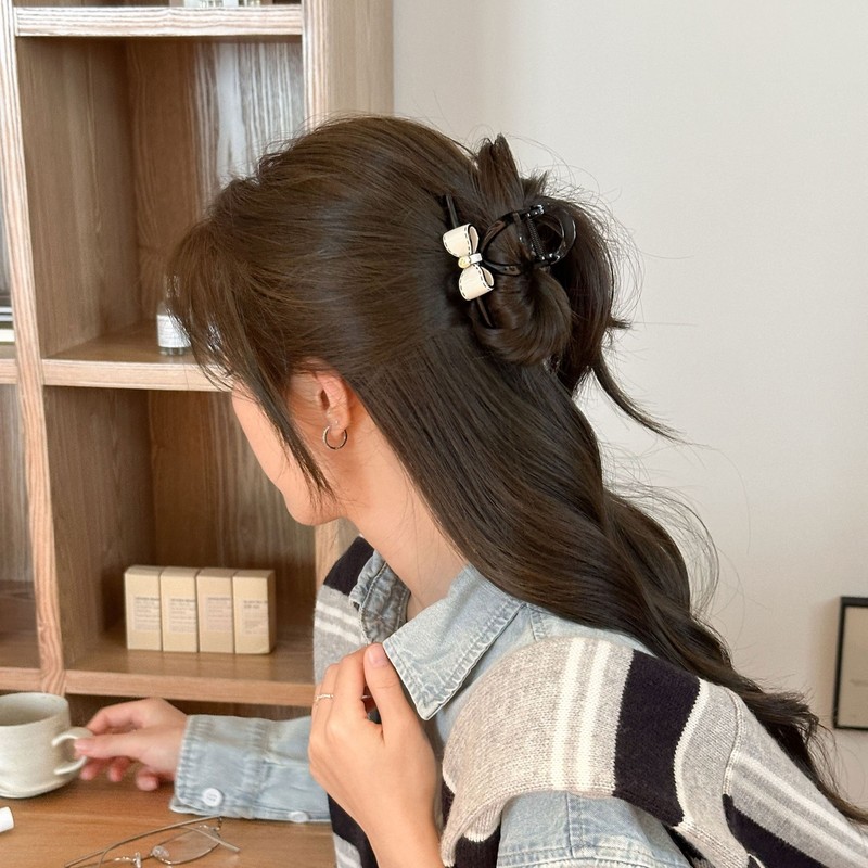 甜美奶油春夏醋酸黑白蝴蝶结发抓女小香后脑勺盘发鲨鱼夹发夹发饰|undefined