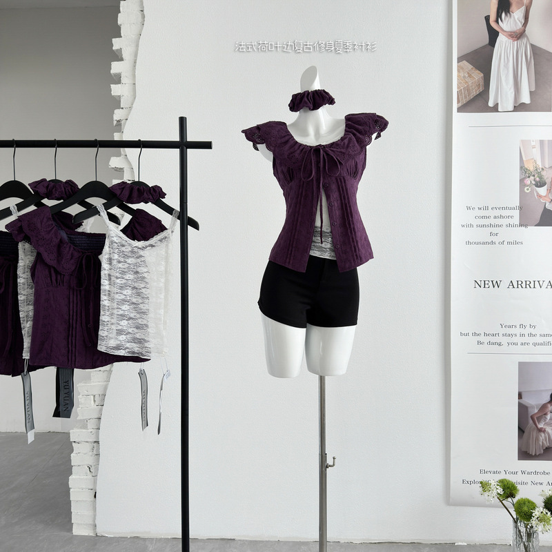 "Xinxing" Summer French-Style Ruffled Vintage Slim-Fit Shirt with Unique Design and Hollow-Out Top for Women "Xinxing" Summer French-Style Ruffled Vintage Slim-Fit Shirt with Unique Design and Hollow-Out Top for Women