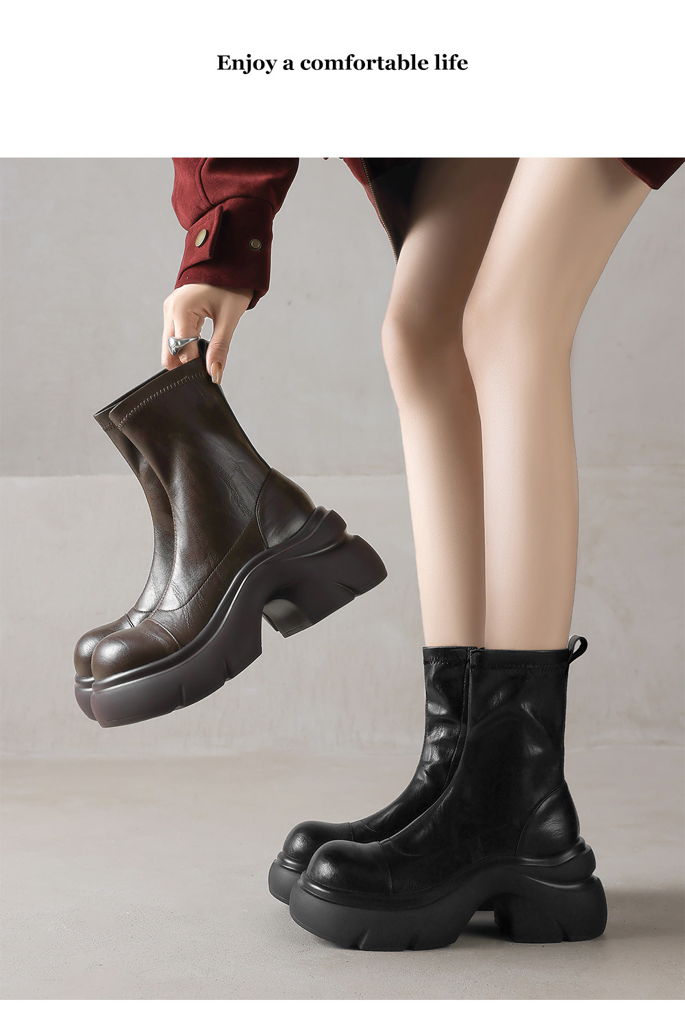 Boot nữ cổ thấp đế dày gót vuông co giãn da thật mùa thu đông — Lớp lót nhung màu nâu, nhung đen, Li đơn màu nâu, Lớp lót đơn màu đen chi tiết 10