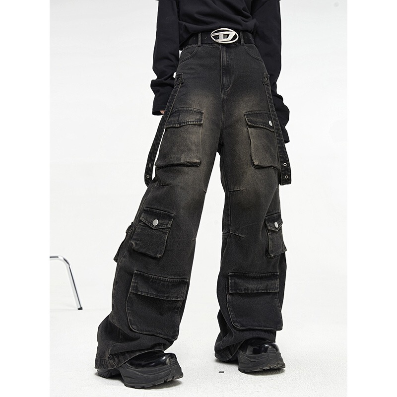 Wholesale Multi-Pocket American-Style Loose Street Hip-Hop Straight-Leg Pants, Trendy Retro Wide-Leg Jeans for Men