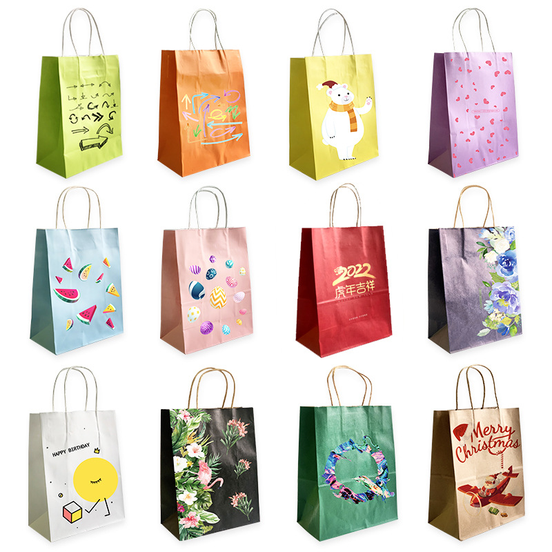 En stock bolsa de papel Kraft catering al por mayor bolsa de embalaje para llevar bolsa de regalo ropa color bolso imprimible LOGO
