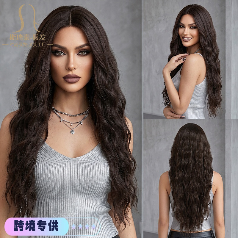 Wholesale Cross-Border European and American Wigs Full Head Set for Women, Black and Brown Synthetic Fiber Long Curly Hair Tk Internet Celebrity Full Head Set Wholesale Cross-Border European and American Wigs Full Head Set for Women, Black and Brown Synthetic Fiber Long Curly Hair Tk Internet Celebrity Full Head Set