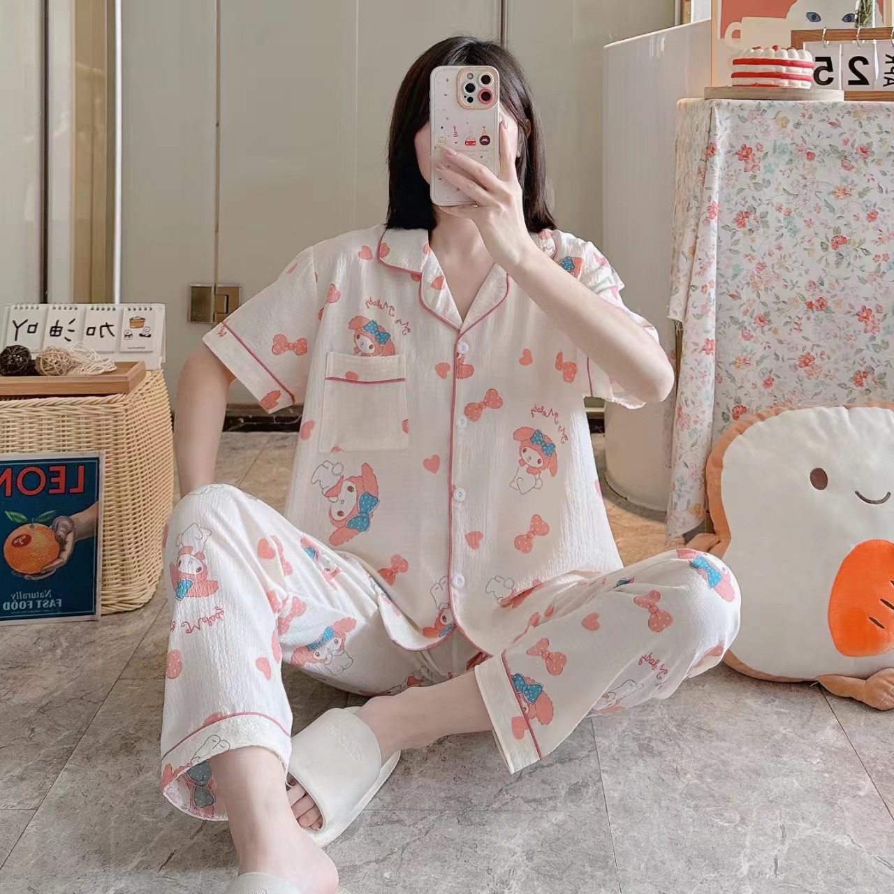 Pajamas de espuma tejidos de verano de algodón pantalones largos de mangas cortas ropa para el hogar de verano delgada de algodón conjunto de dos piezas