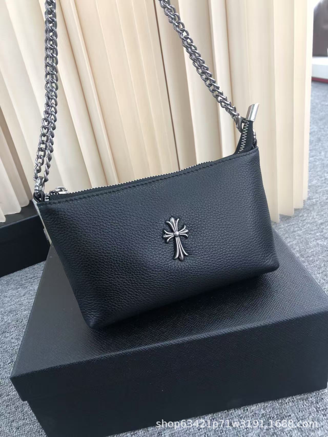 Celebrity Style Top Grain Cowhide Retro Dark Sweet & Cool Spicy Girl Chain Shoulder Bag Mahjong Bag Dogtooth Tote - Thumbnail 6