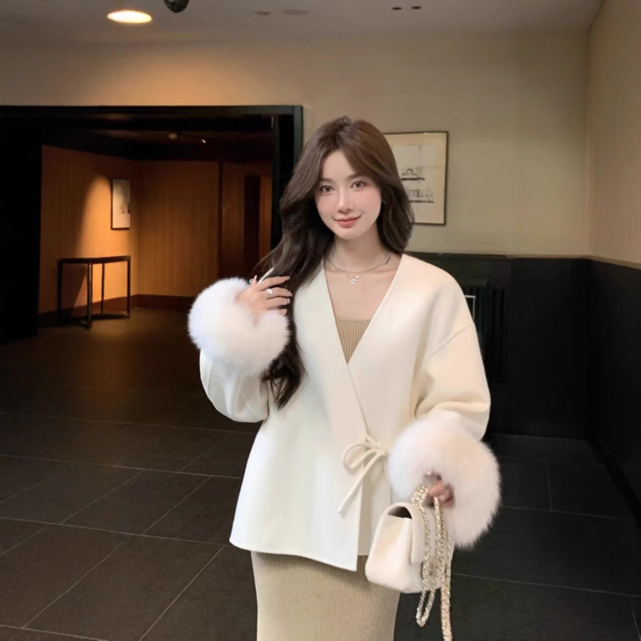 (2개) 앰버 울 코트 여자 짧은 양면 캐시미어 코트 폭스 모피 2024 새로운