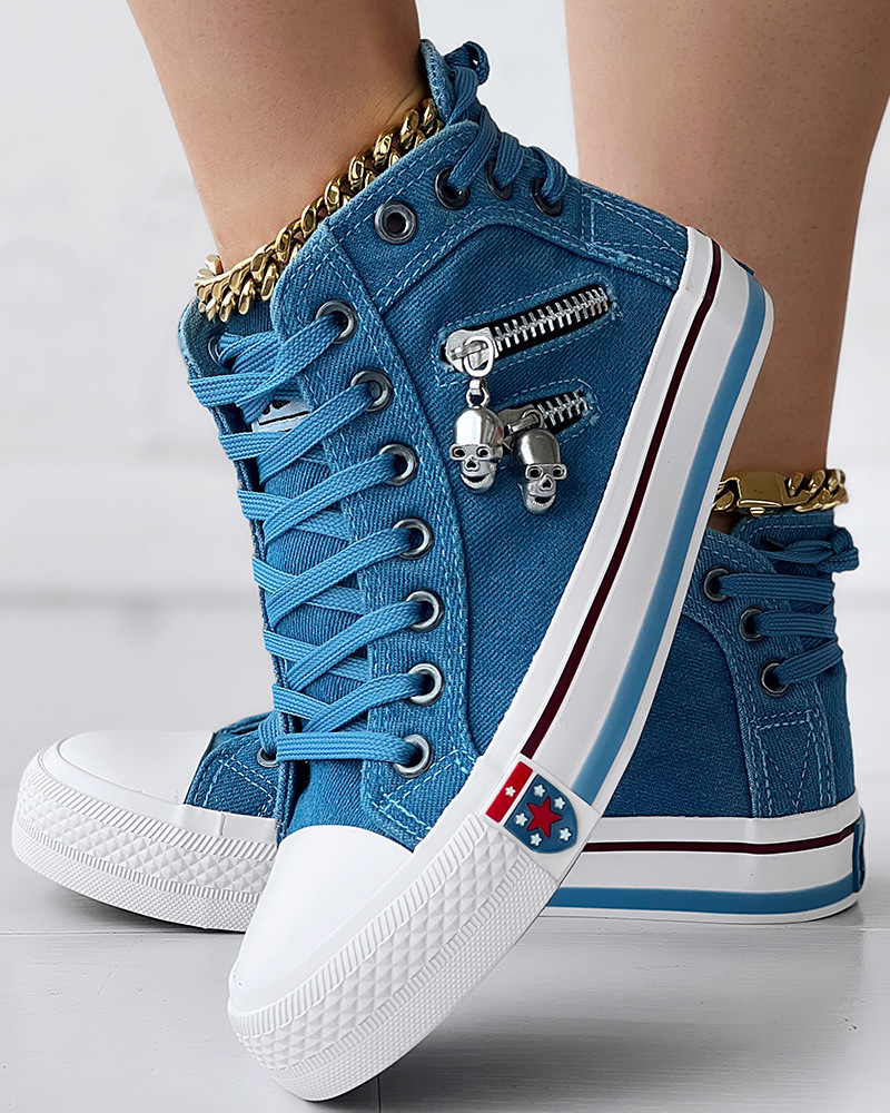 Women's Shoes for spring and summer new high top denim shoes, skull lace up women's shoes,  canvas shoes for women Korean version_voghion.com