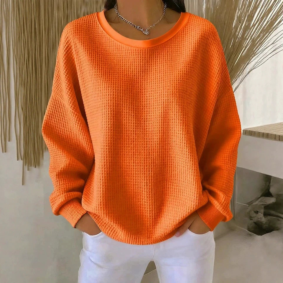 European and American Cross-Border Amazon Foreign Trade Women's Long-Sleeved Sweatshirt, Round Neck, Solid Color, Waffle Pattern, Pullover, Patchwork Long-Sleeved Sweatshirt