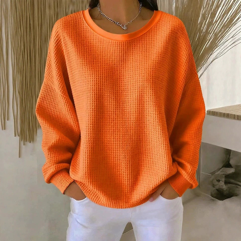 European and American Cross-Border Amazon Foreign Trade Women's Long-Sleeved Sweatshirt, Round Neck, Solid Color, Waffle Pattern, Pullover, Patchwork Long-Sleeved Sweatshirt