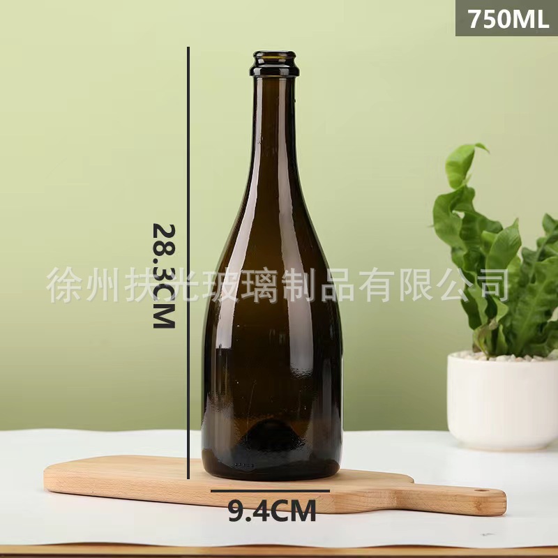 Botella de vidrio al por mayor botella de vino vacía botella de vino tinto botella de vino espumoso botella de champán té con leche con tapa marrón transparente en stock