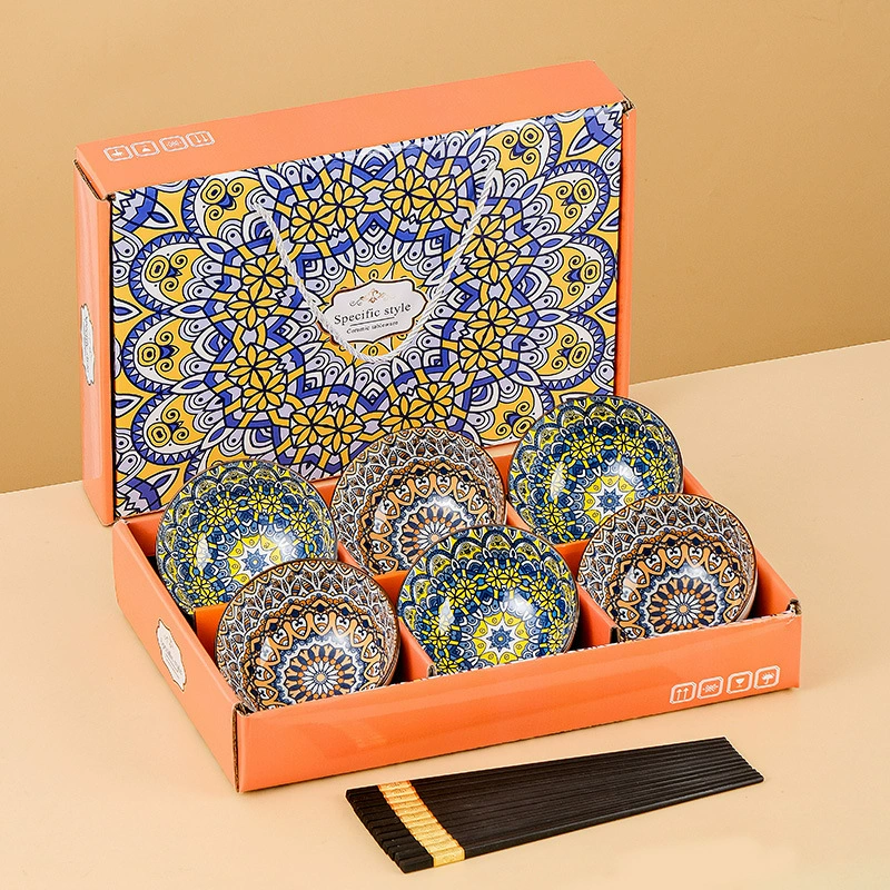 Богемная керамическая миска с подглазурным рисунком и набор палочек для еды, посуда для дома, миска для риса, открытие мероприятия, маленькая