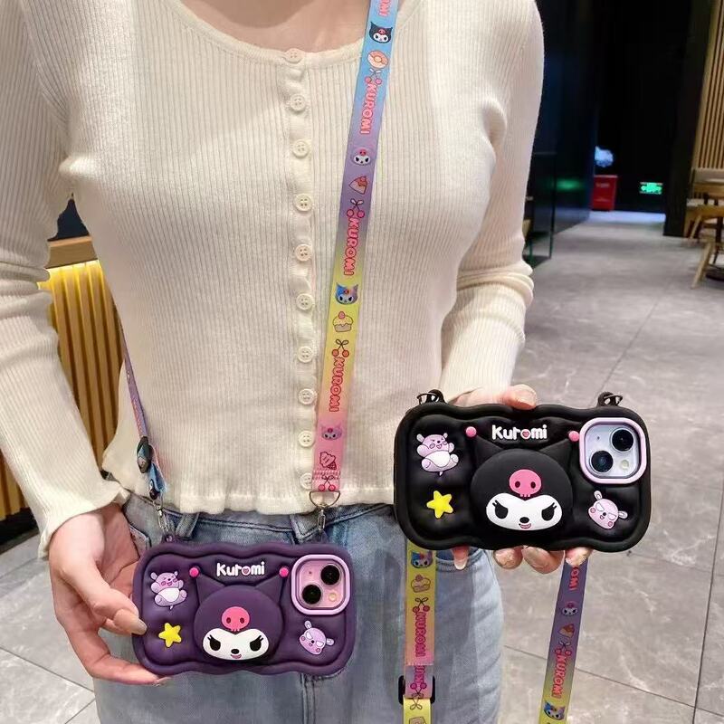 Suitable for Iphone16 Cute Cartoon 3D Silicone Stitch Kuromi Pattern Holder Lanyard Wallet Mobile Phone Case