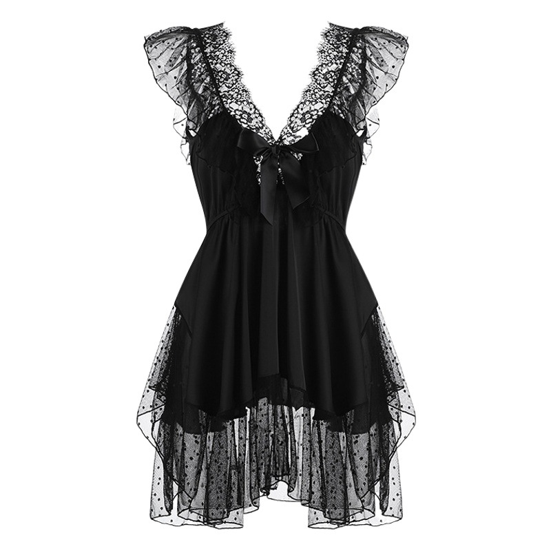 Guiruo Sweet Large Size Pajamas Backless Temptation Polka Dot Mesh Suspender Nightgown Female Cute Home Wear Set 730