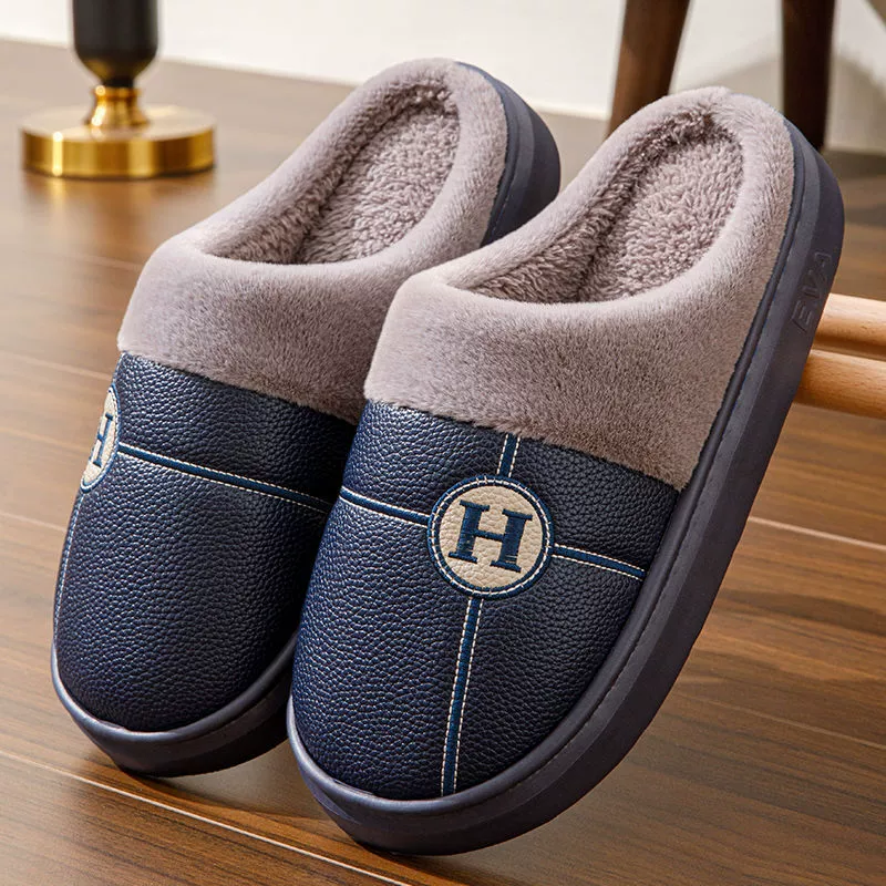 Осенне-зимние женские домашние и уличные мужские хлопковые тапочки из искусственной кожи, водонепроницаемые, противоскользящие, на флисовой подкладке, на толстой подошве, большого размера