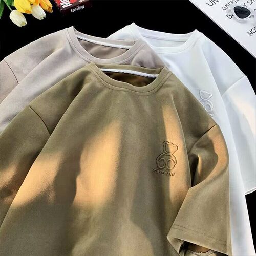 Little Bear T-shirt for Men, Summer Design, Niche American Vintage Suede Fleece Short-Sleeved Top, Loose and Casual T-Shirt