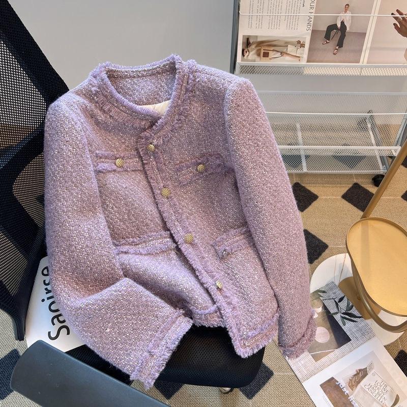 女性用の紫色のフレンチスタイルのジャケット、春と秋のショートスタイル、女性用の新しいスタイル、ハイエンド、超見栄えの良い、小柄な人向け|undefined
