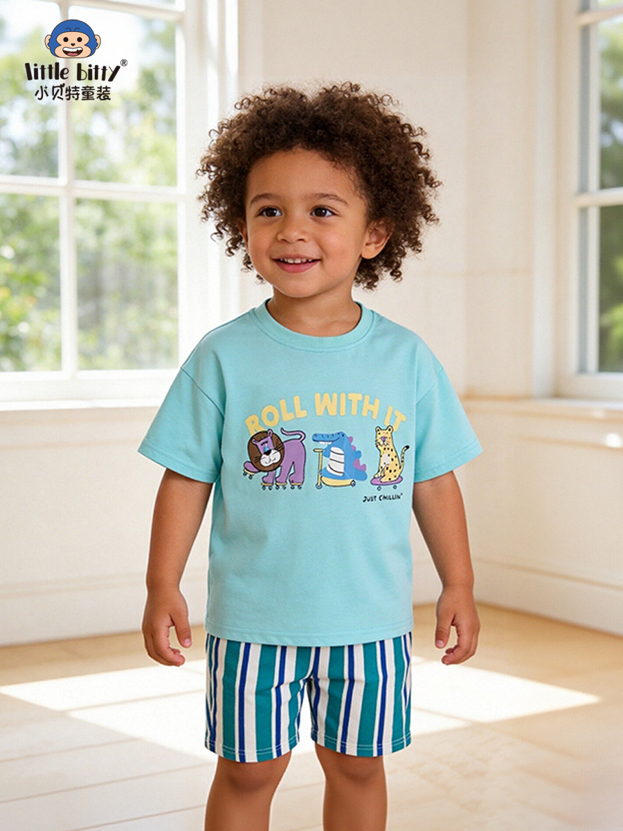 Cross-Border Supply 26Th Spring/Summer Children's Short-Sleeve Set Cartoon Animal Round Neck Striped Print Boys' Two-Piece Set
