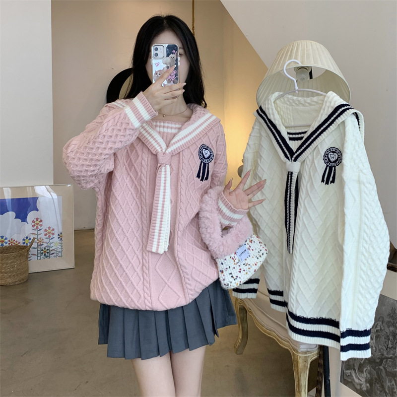 College-style navy collar bow sweater for women, autumn and winter women's fashion, stylish and age-reducing, loose and slimming knit top College-style navy collar bow sweater for women, autumn and winter women's fashion, stylish and age-reducing, loose and slimming knit top