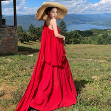 大西北沙漠度假风绝美斜肩褶皱抹胸飘逸红色纯欲晨袍拖尾礼服长裙