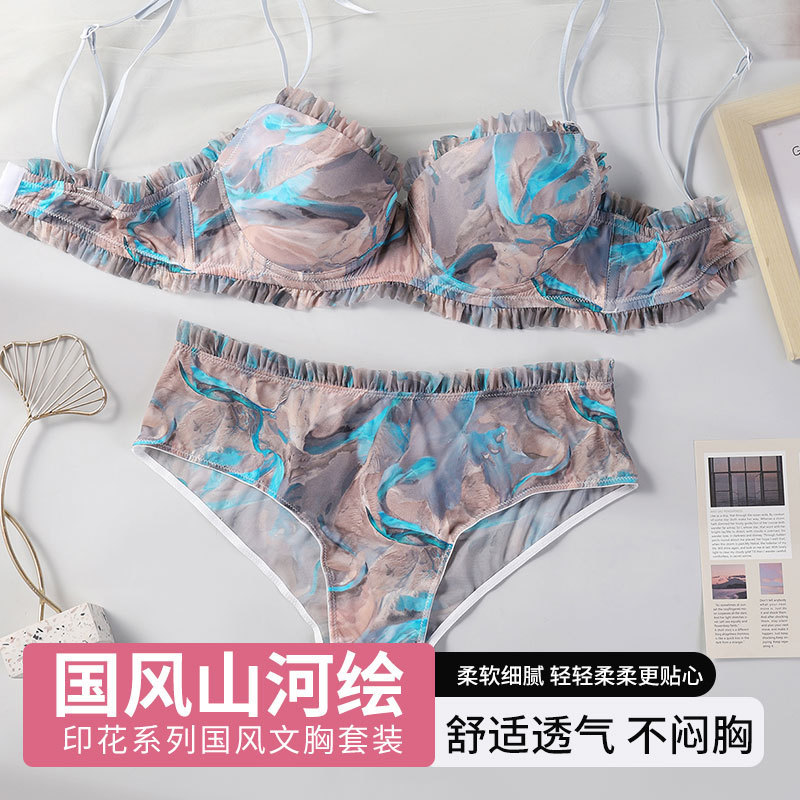 Cross-border Chinese style bra briefs suit mountains and rivers printing design feeling gathered with mold cup underwear wholesale
