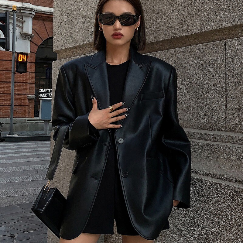 Ousph Black Pu Leather Suit Jacket for Women 2024 Spring, Autumn and Winter New High-Quality Texture Loose Small Suit Clip