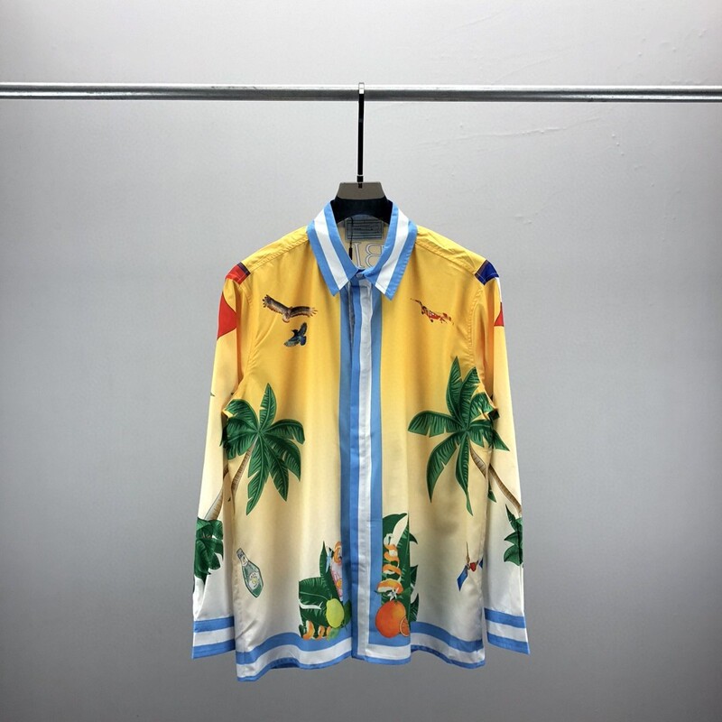 2023 New Export Cross-Border Casasa Men's Casual Long-Sleeved Shirt Flag Coconut Tree Tennis Print Trendyy and Versatile
