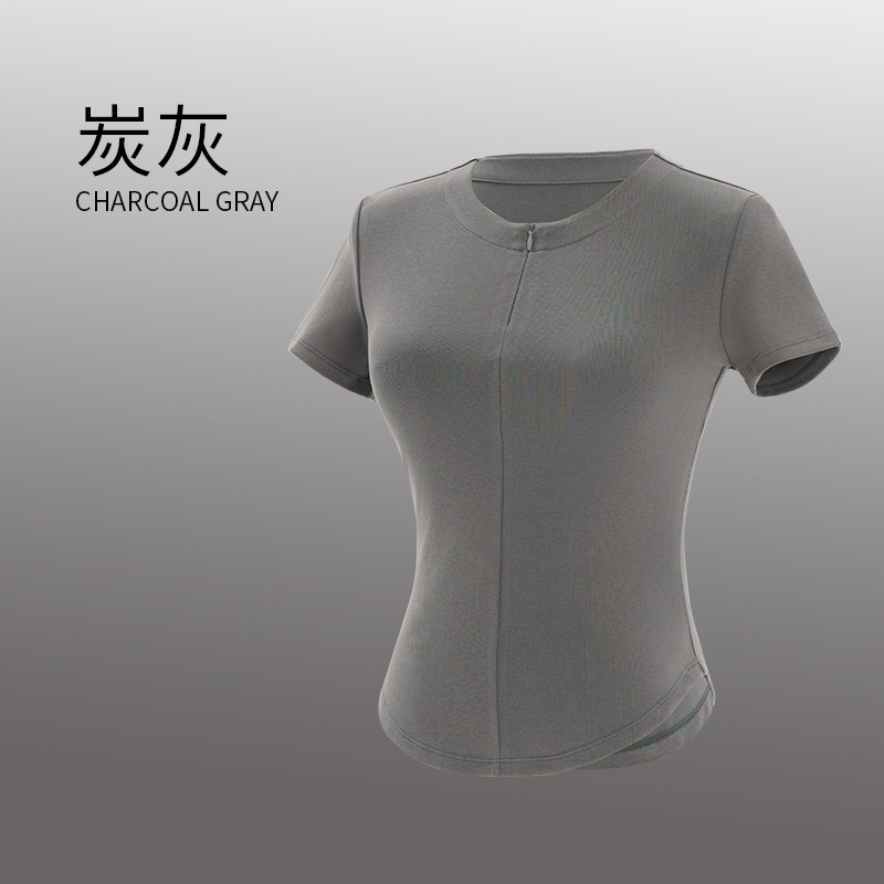 Ropa de yoga para mujeres adultas verano cuello redondo cremallera estilo traje de manga corta simple color sólido transpirable ropa de práctica superior