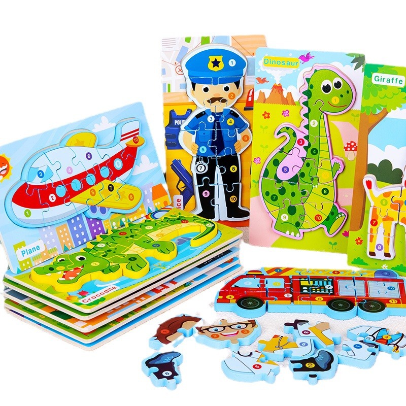 Madera 3D figura 3D tráfico animal educación temprana rompecabezas cognitivo juguete educativo niños ensamblando bloques de construcción de juguete