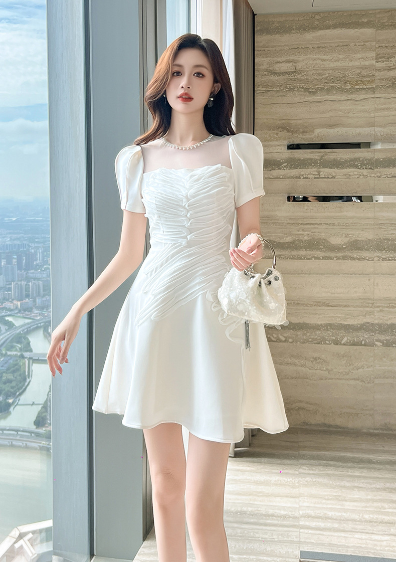 Váy trắng thiết kế kiểu Pháp eo nhỏ phồng xòe dáng midi — Màu trắng chi tiết 5