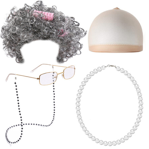 Halloween Granny Wig COS Granny Short Curly Hair Grandpa Middle-aged and Elderly Sketch Dress Up Set