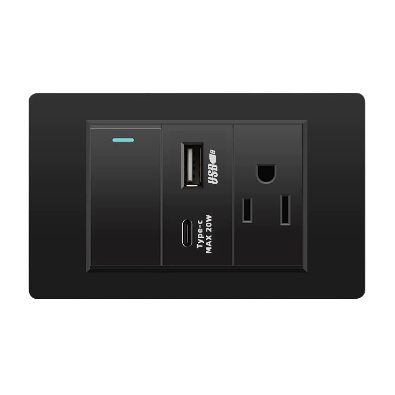 Черная настенная панельная розетка с 118 тип switch, тайваньская розетка с 20W type-C, шесть отверстий