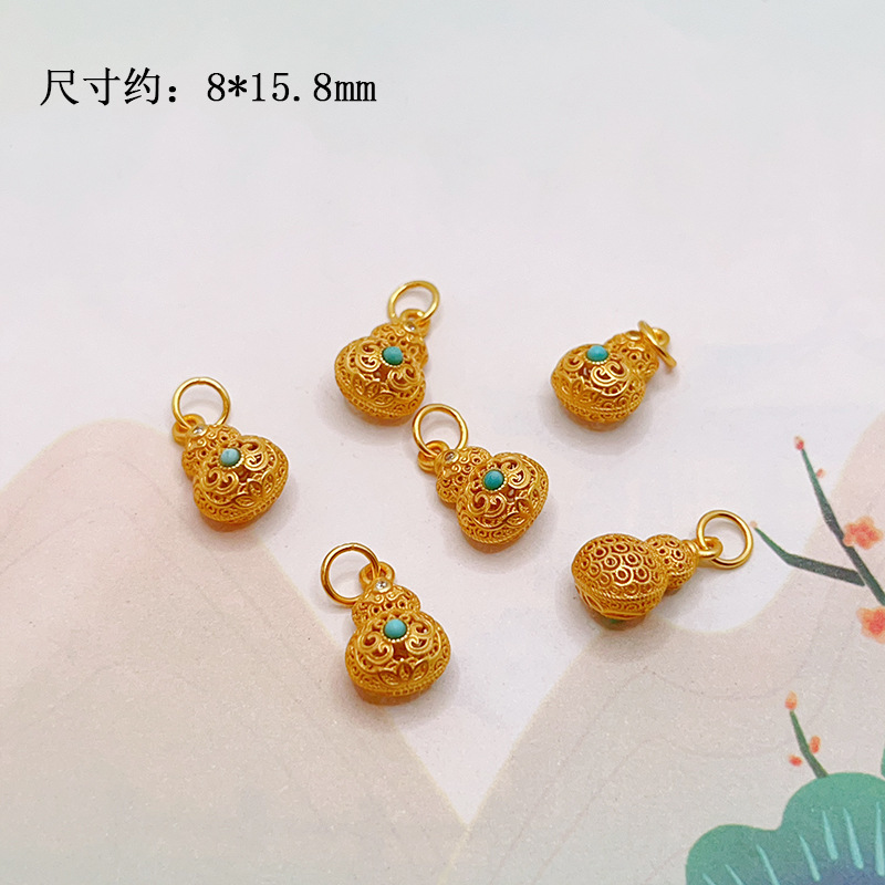 S925 Sterling Silver Gold-Plated Natural Turquoise Gourd-Shaped Fortune Bead DIY Jewelry Bracelet Pendant Spacer Bead Accessories