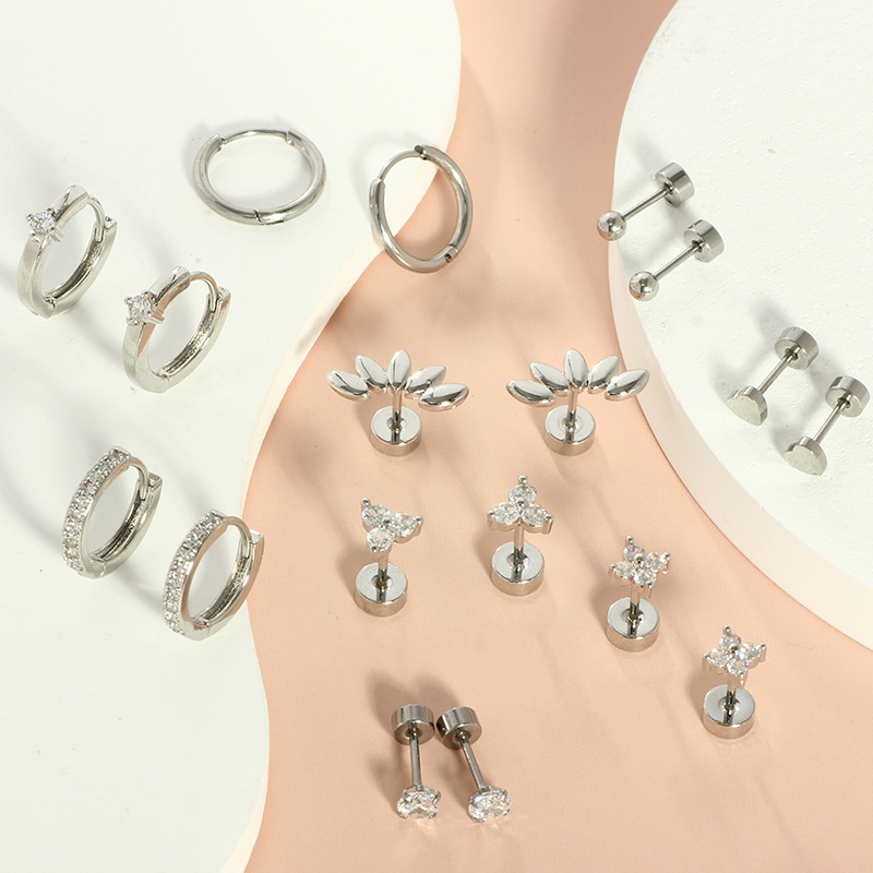 18-Piece Stainless Steel Earring Set Butterfly Geometric Earrings For Women Men Fashion Commuter Style Silver With White Zircon detail image 7