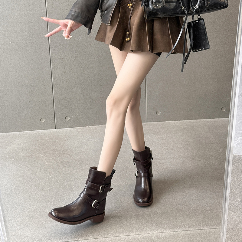 法式复古粗跟尖头短筒靴女2025新款增高骑士靴百搭显瘦机车靴子女|undefined