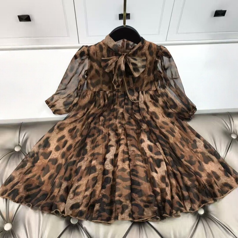New Children's Spring and Autumn Long Sleeve Chiffon Long Skirt Girls Bow Leopard Print Swing Skirt Princess Skirt