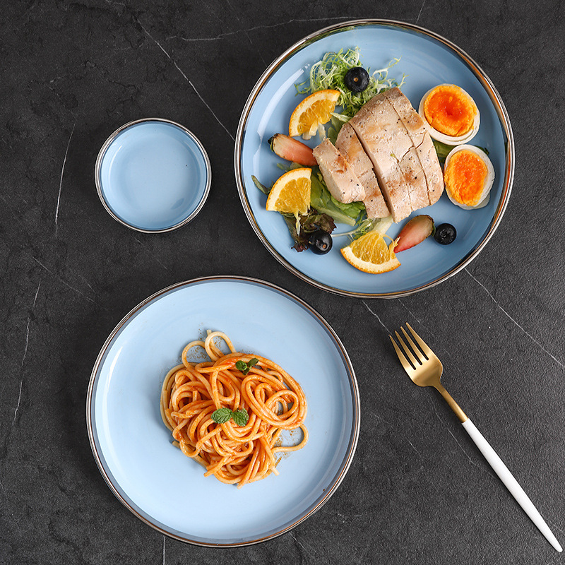 Borde de plata Azul luz vajilla de cerámica de lujo Occidental plato tazón de fuente traje combinación plato de sopa tazón de arroz plato de carne