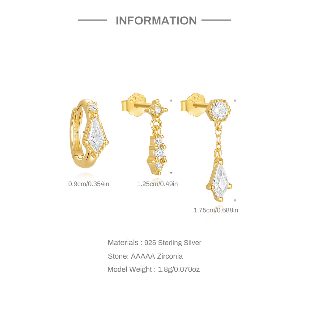 6g Weight 925 Sterling Silver Ear Needle Material Zircon Inlay Material Ear Studs Classification 3 Pieces Quantity Holiday, Banquet, Street Occasion 925 Sterling Silver Material Geometric Pattern Women's Gender Plating Design Simple Style Style 3 Pieces 925 Sterling Silver Zircon Geometric Ear Studs 3