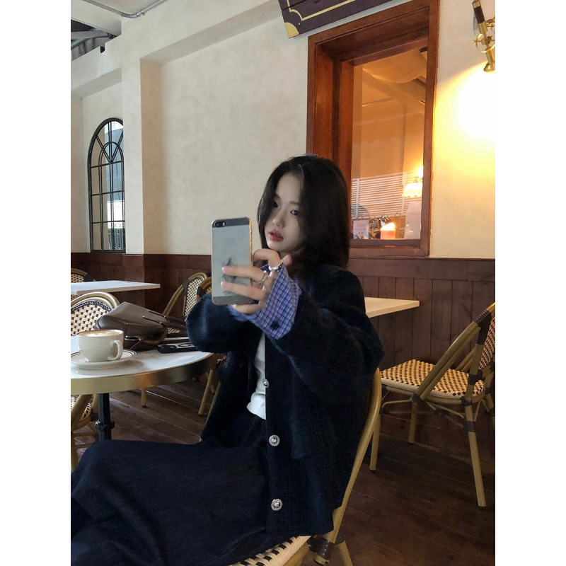 小仙倪子韩系温柔小香风女秋季新款单排扣假两件外套显瘦气质上衣|undefined