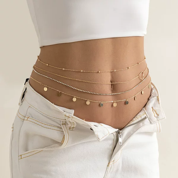 European and American sexy multi-layer tassel sequins metal chain waist chain street shot Hipster Beach rhinestone love thin body chain