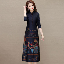复古立领印花连衣裙2025年新款秋季长袖洋气改旗袍裙