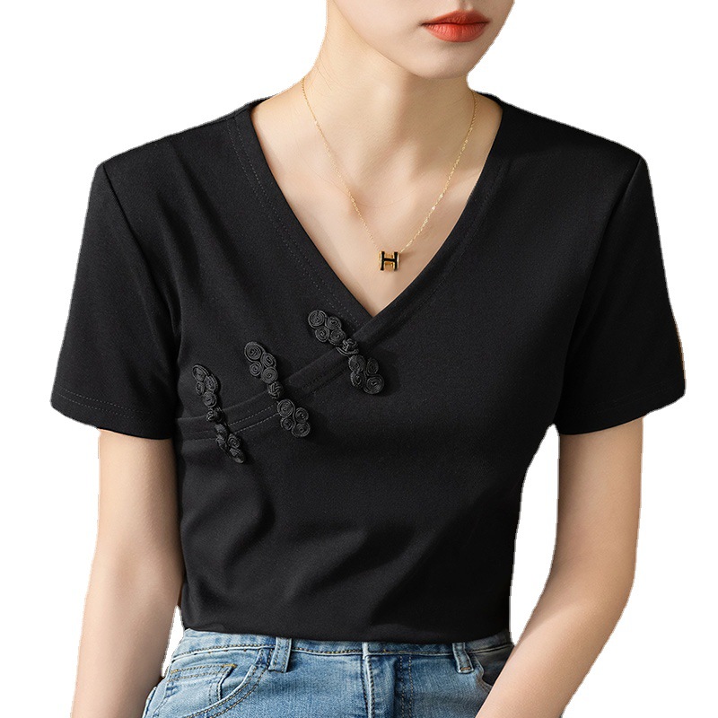 Camiseta de manga corta para mujer verano 2023 Nueva Camiseta de algodón con cuello en V de clavícula abierta para mujer Top retro chino con hebilla image 7