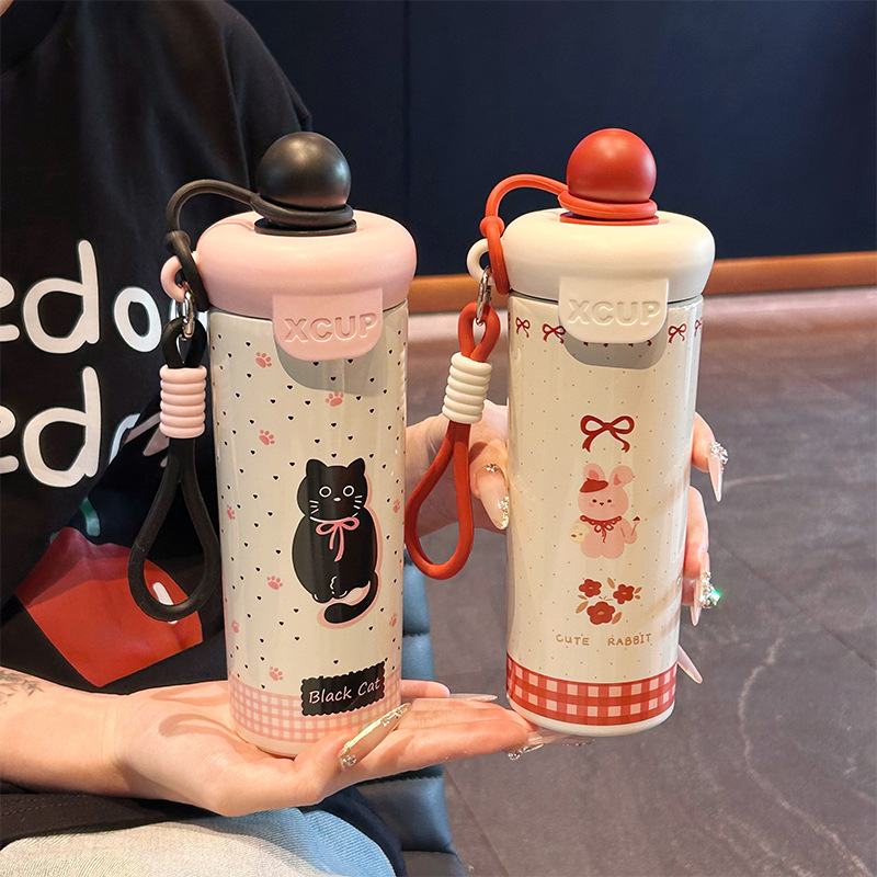 新しいポータブルストローカップ、二層ステンレス鋼断熱カップ、見栄えの良いコーヒーカップ、かわいい漫画のウォーターカップ|undefined
