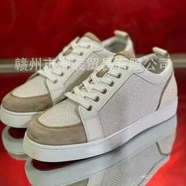 cl andgz男鞋白杏拼色方头系带低帮红底鞋女鞋光面运动休闲板鞋