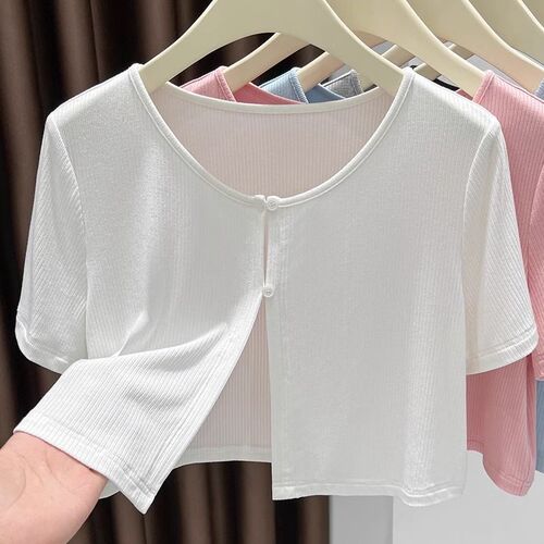 Modak Short Sleeve Shoulder Scarf Sun Protection Women's Summer Outerwear Ribbed Knit Cardigan Coat Thin Loose Cover Shirt Top