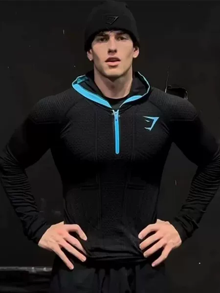 Gymshark Fitness Long-Sleeved Men's Autumn and Winter Classic Superhero Quick-Drying Stretch Hoodie Half-Zip Top