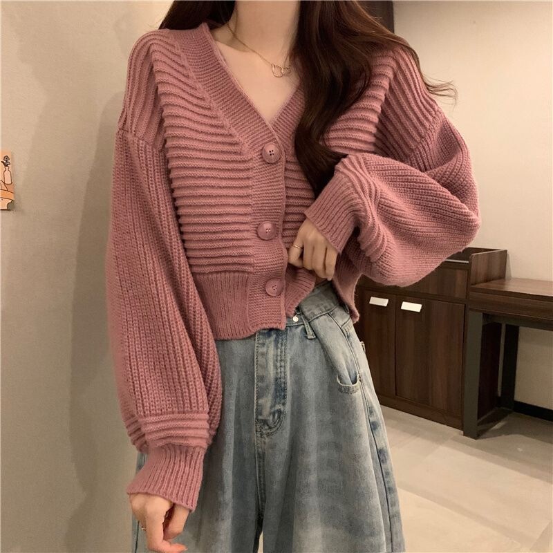Casual Sweater for Petite Women, Loose Fit, Straight Shoulder, Unique Collar, Knitted Cardigan, Short Style, Autumn Outfit