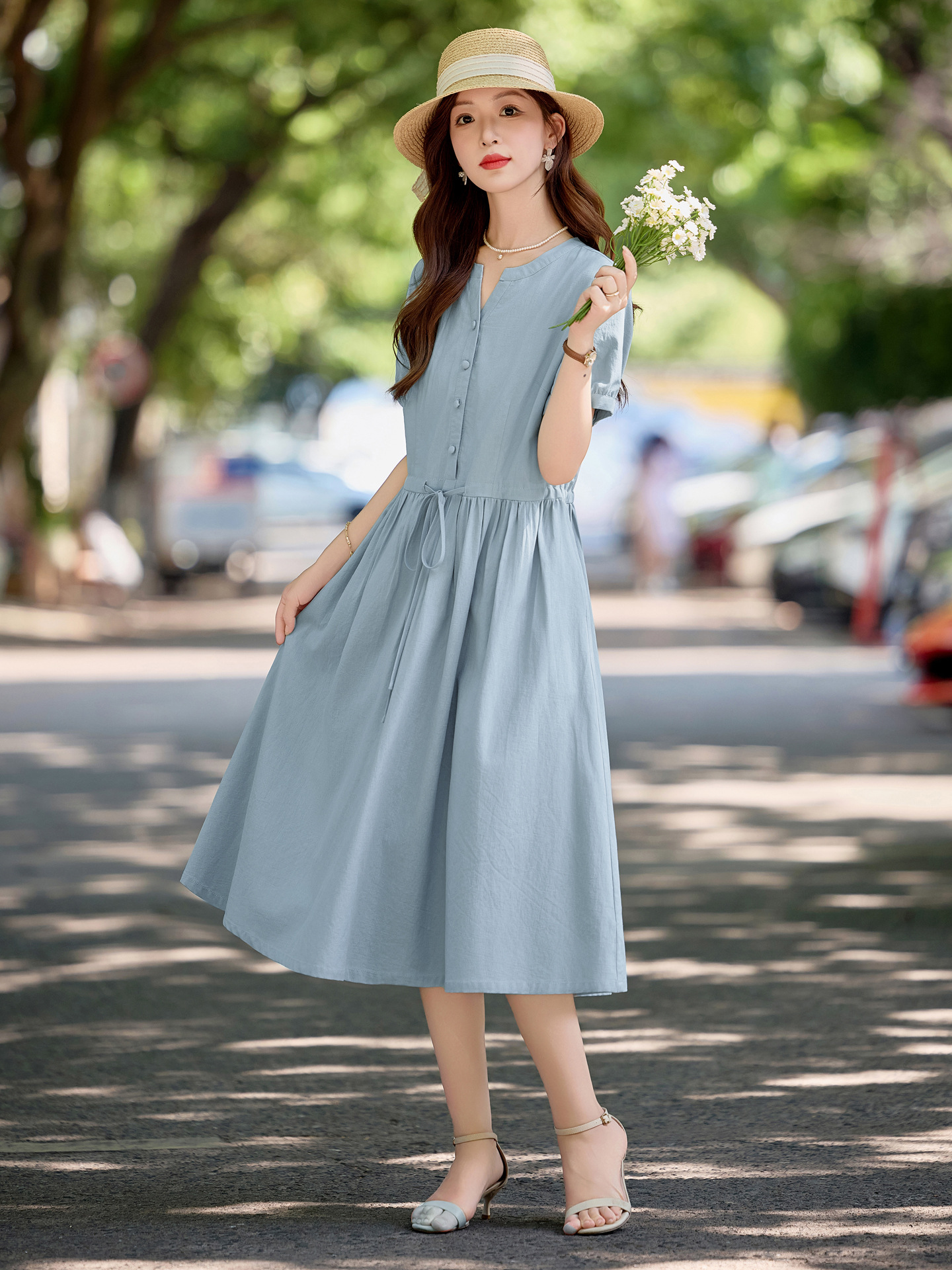 Váy midi cổ V dáng ôm dây buộc thanh lịch mùa hè 2025 NI509 — màu xanh, màu hồng