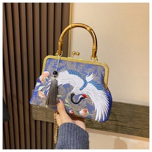 2025 New Chinese Style Crane Embroidered Handbag Handmade Cheongsam Dinner Handbag Ethnic Crossbody Bag Mother Bag