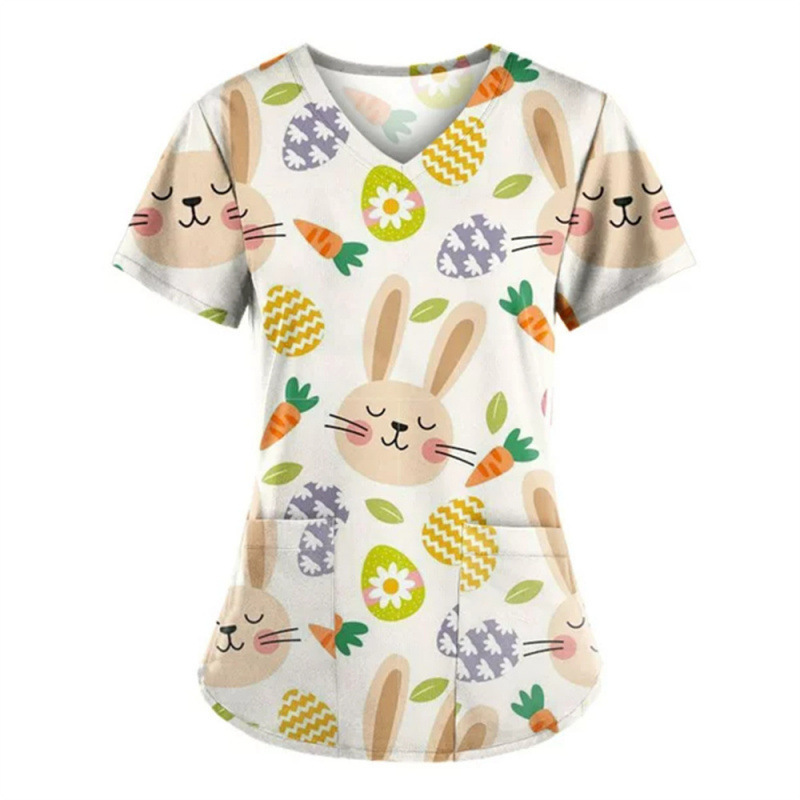 European and American cross-border direct sales, AliExpress women's T-shirt, V-neck nurse uniform, comfortable short-sleeved top for work, featuring a small rabbit and carrot design European and American cross-border direct sales, AliExpress women's T-shirt, V-neck nurse uniform, comfortable short-sleeved top for work, featuring a small rabbit and carrot design