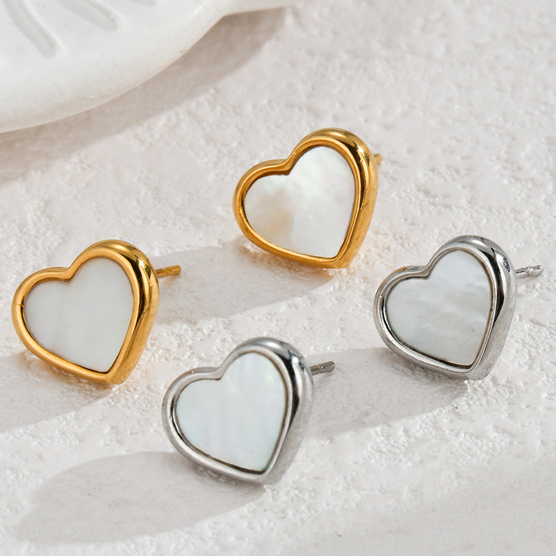 201 Stainless Steel Material Heart Shape Pattern 1 Pair Simple Style Heart Shape Inlay 304 Stainless Steel Pearl Ear Studs